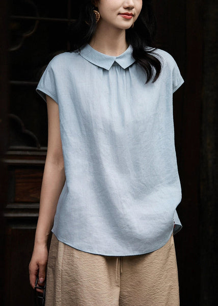 Loose Peter Collar Summer Pan White Solid Shirt Linen Button FashionChic