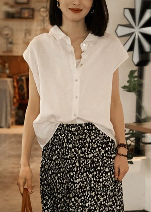 Loose Peter Collar Summer Pan White Solid Shirt Linen Button FashionChic