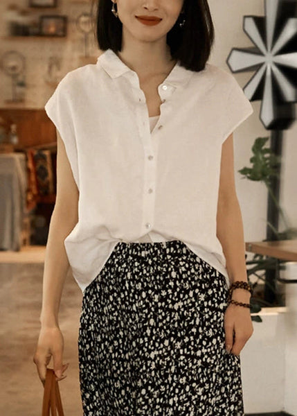 Loose Peter Collar Summer Pan White Solid Shirt Linen Button FashionChic