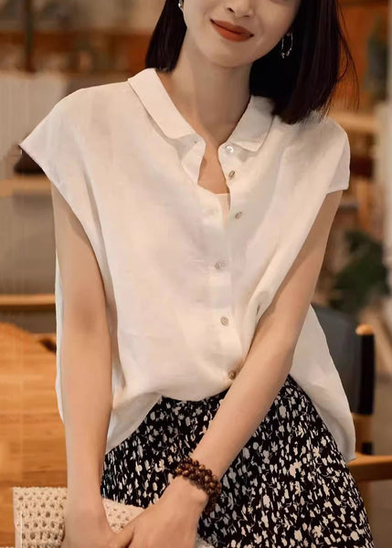 Loose Peter Collar Summer Pan White Solid Shirt Linen Button FashionChic