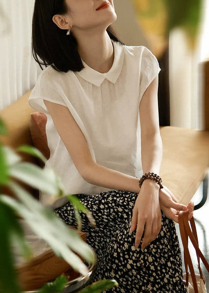 Loose Peter Collar Summer Pan White Solid Shirt Linen Button FashionChic