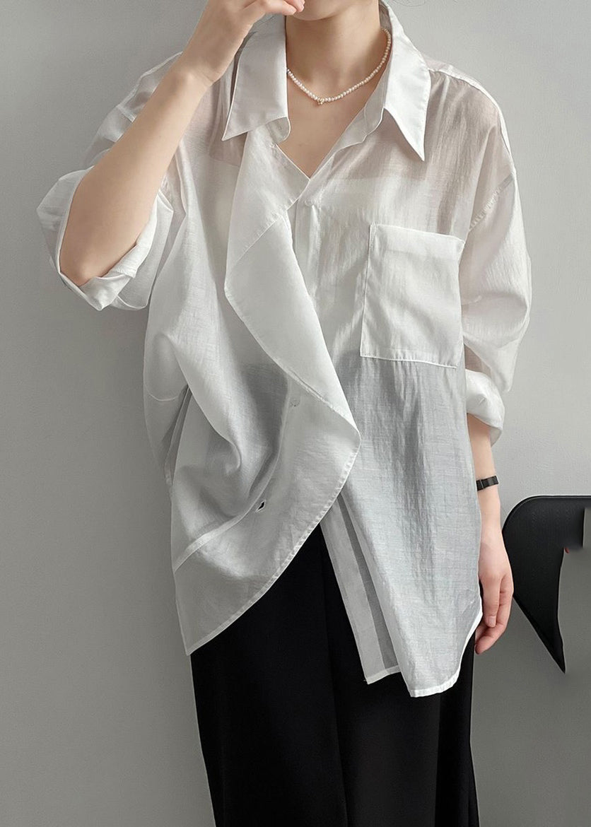 Loose White Peter Pan Collar Patchwork Button Silk Shirt Long Sleeve VB1083 Ada Fashion