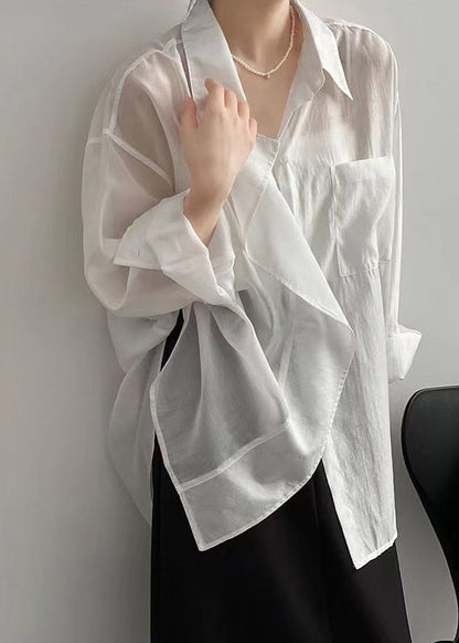 Loose White Peter Pan Collar Patchwork Button Silk Shirt Long Sleeve VB1083 Ada Fashion