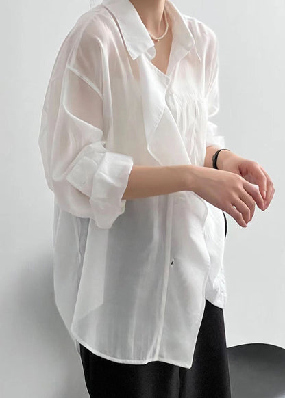 Loose White Peter Pan Collar Patchwork Button Silk Shirt Long Sleeve VB1083 Ada Fashion