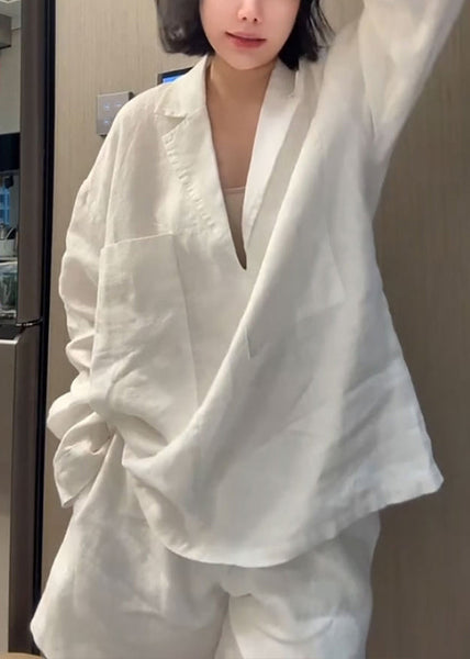 Piece Shorts Shirts Pan Collar Peter Two Linen White Loose And FashionChic