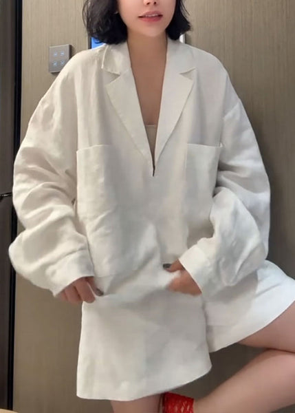 Piece Shorts Shirts Pan Collar Peter Two Linen White Loose And FashionChic