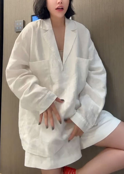 Piece Shorts Shirts Pan Collar Peter Two Linen White Loose And FashionChic