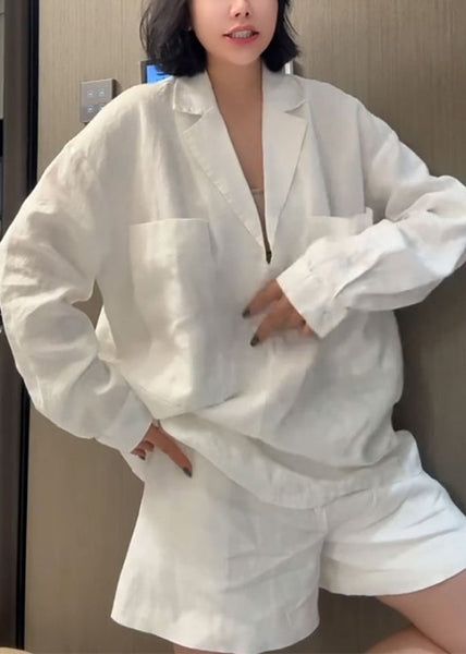 Piece Shorts Shirts Pan Collar Peter Two Linen White Loose And FashionChic