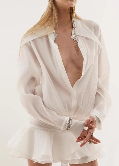 Loose Dress Peter Collar White Spring Pan Shirts Wrinkled Chiffon FashionChic