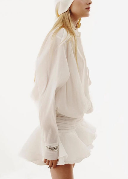 Loose Dress Peter Collar White Spring Pan Shirts Wrinkled Chiffon FashionChic