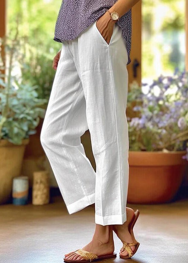 Loose White Pockets Solid High Waist Cotton Crop Pants Summer QE050 MZF-CPTS240927