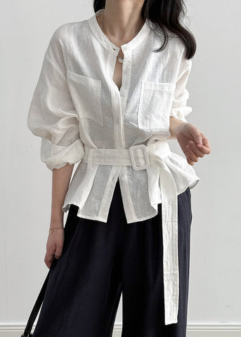 Loose Fall Linen Waist Tie White Pockets Shirt FashionChic