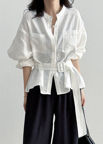 Loose Fall Linen Waist Tie White Pockets Shirt FashionChic
