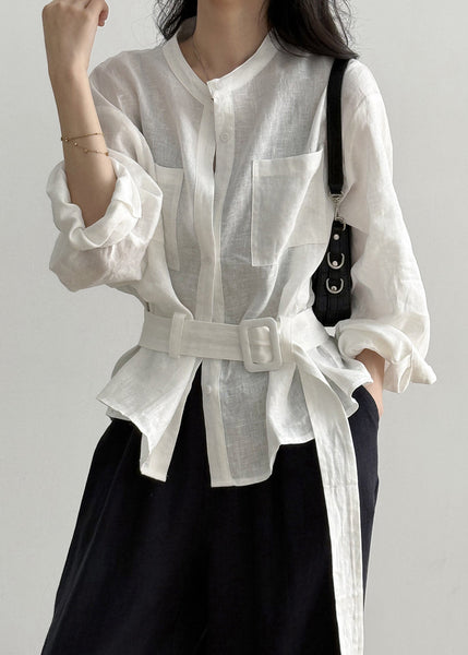 Loose Fall Linen Waist Tie White Pockets Shirt FashionChic