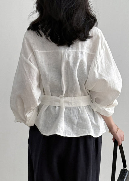 Loose Fall Linen Waist Tie White Pockets Shirt FashionChic