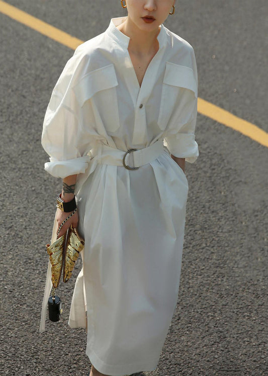 White Dress Fall Open Tie Pockets Waist Cotton Side Blouses Loose FashionChic