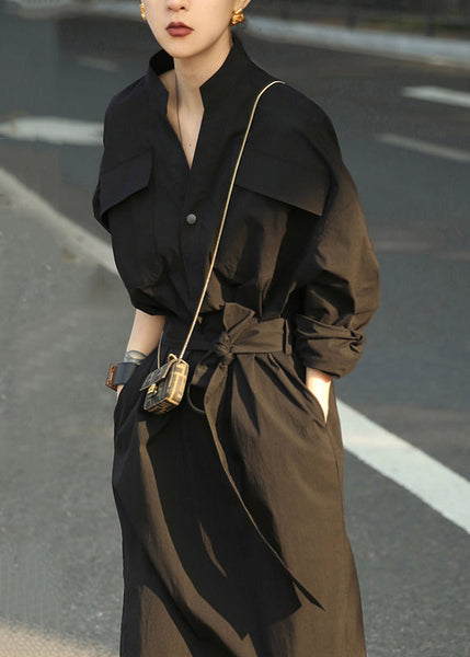 White Dress Fall Open Tie Pockets Waist Cotton Side Blouses Loose FashionChic