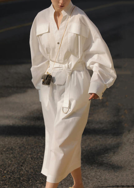 White Dress Fall Open Tie Pockets Waist Cotton Side Blouses Loose FashionChic