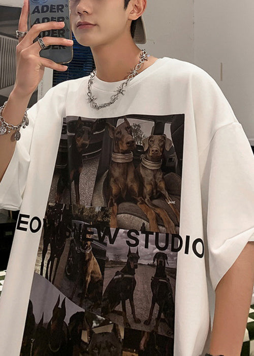 Print T Cozy Loose Cotton Shirts White Mens Summer FashionChic