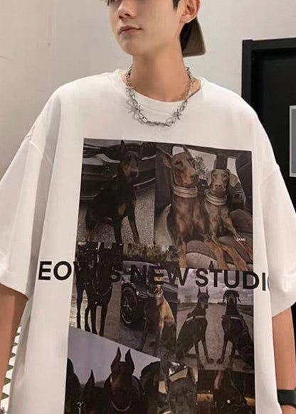 Print T Cozy Loose Cotton Shirts White Mens Summer FashionChic