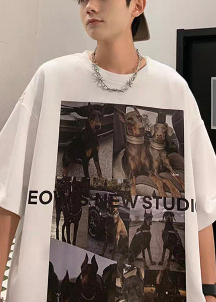 Print T Cozy Loose Cotton Shirts White Mens Summer FashionChic