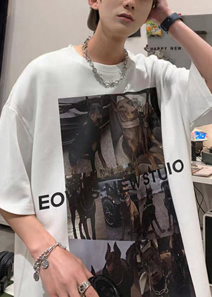 Print T Cozy Loose Cotton Shirts White Mens Summer FashionChic