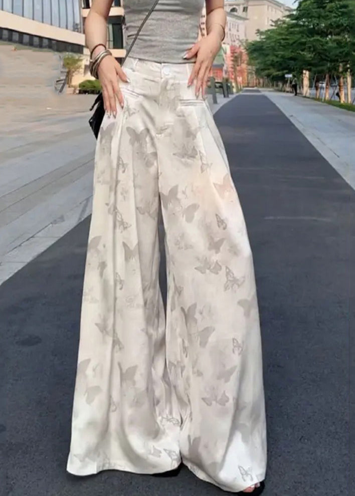 High Wide Pants Summer Silk Print White Loose Leg Waist Ice FashionChic