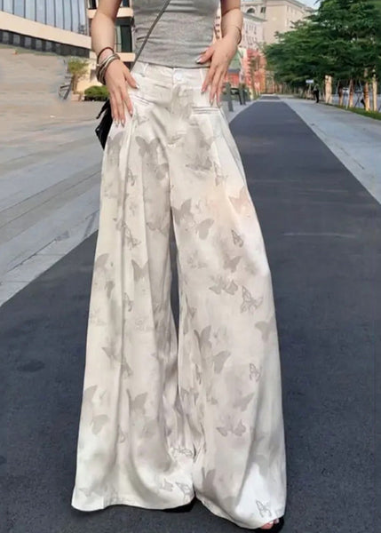 High Wide Pants Summer Silk Print White Loose Leg Waist Ice FashionChic