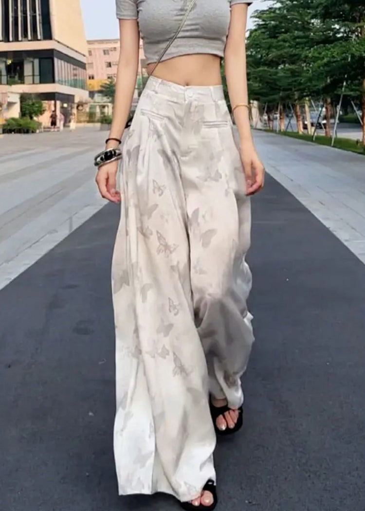 High Wide Pants Summer Silk Print White Loose Leg Waist Ice FashionChic