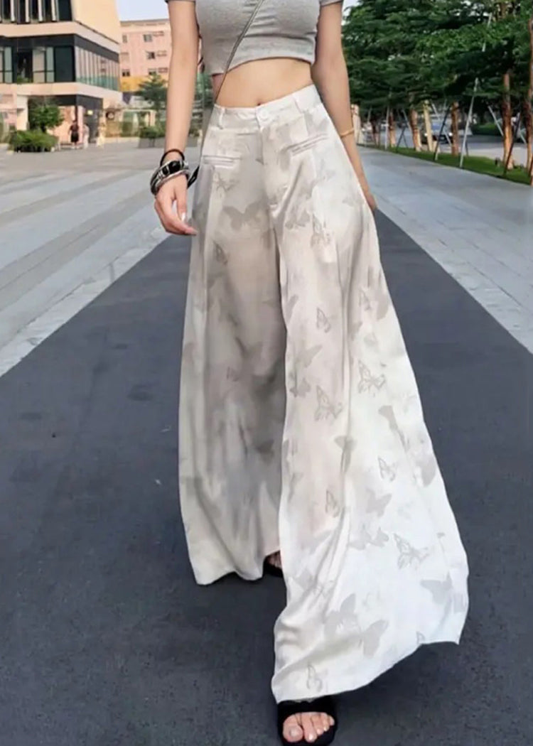 High Wide Pants Summer Silk Print White Loose Leg Waist Ice FashionChic