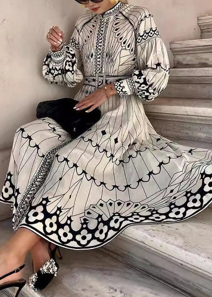 Loose White Print Sashes Cotton Dress Long Sleeve BB054 Hawaii-FDL240622