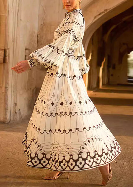 Loose White Print Sashes Cotton Dress Long Sleeve BB054 Hawaii-FDL240622