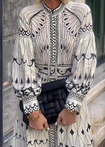 Loose White Print Sashes Cotton Dress Long Sleeve BB054 Hawaii-FDL240622