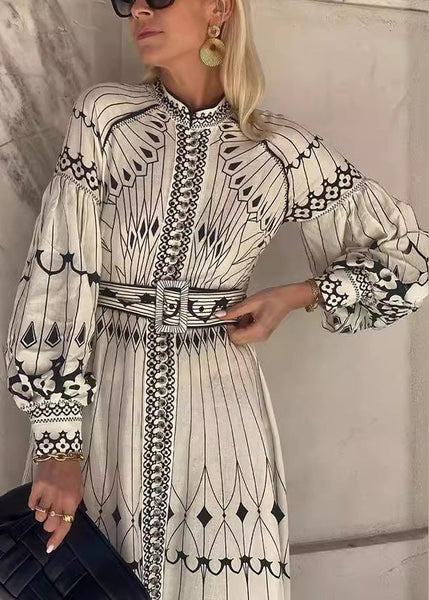 Loose White Print Sashes Cotton Dress Long Sleeve BB054 Hawaii-FDL240622