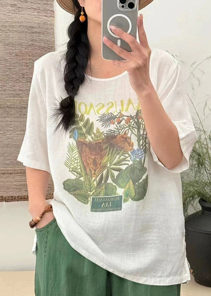 Loose T Open Summer Side Linen Shirts Print White FashionChic