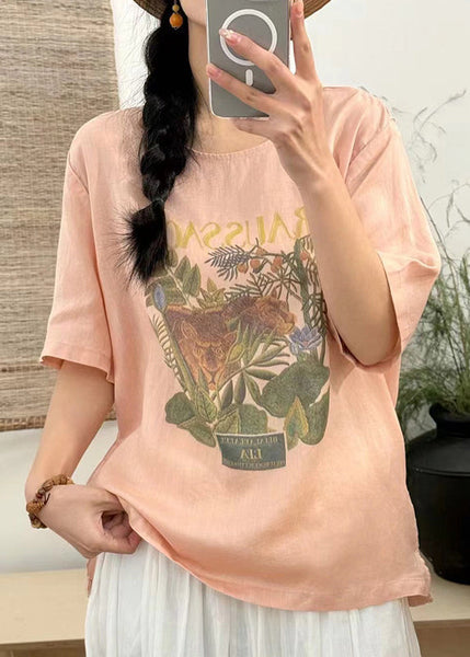 Loose T Open Summer Side Linen Shirts Print White FashionChic