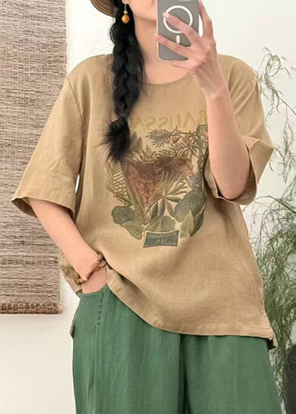 Loose T Open Summer Side Linen Shirts Print White FashionChic