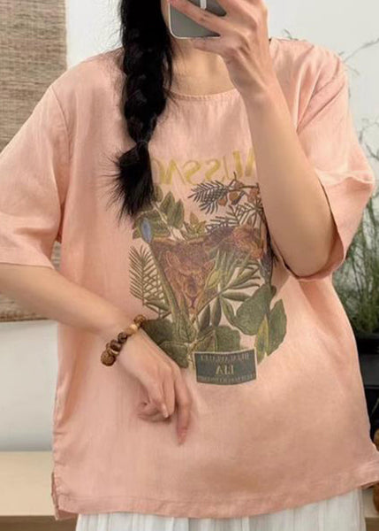 Loose T Open Summer Side Linen Shirts Print White FashionChic