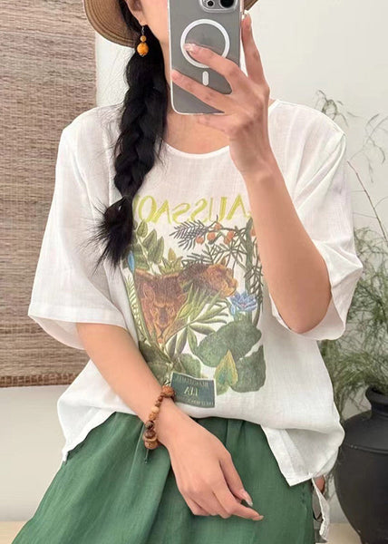 Loose T Open Summer Side Linen Shirts Print White FashionChic