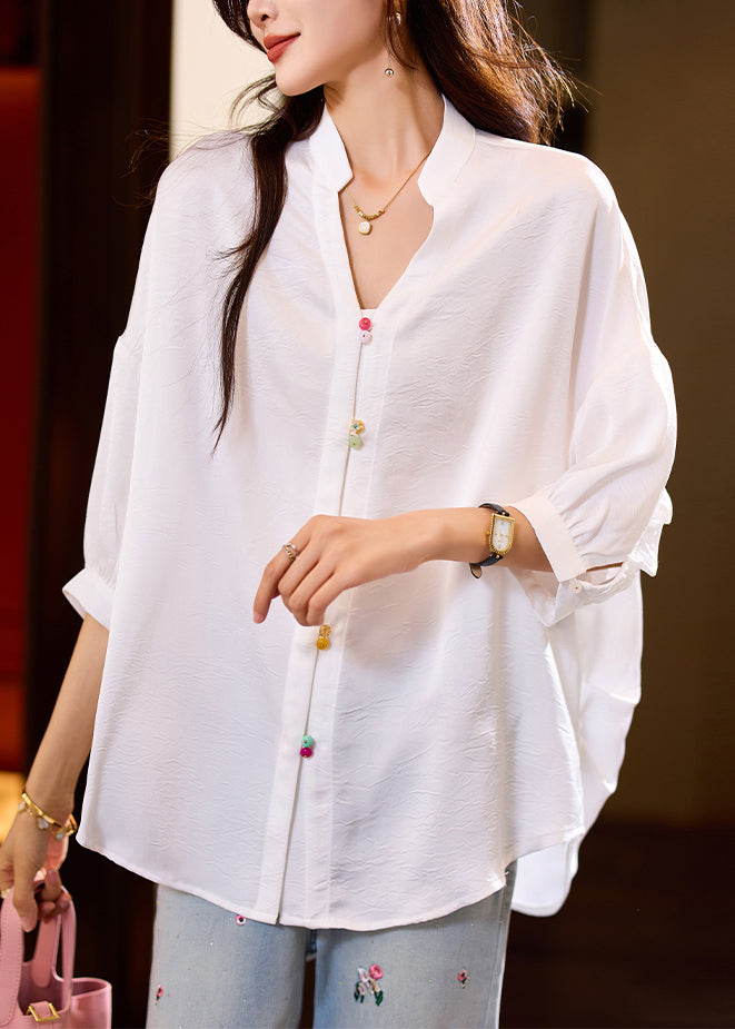 Loose White Ruffled Button Solid Blouses Bracelet Sleeve AC1016 Genistyle Shop