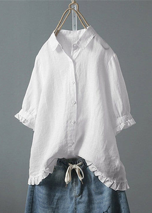 Loose White Ruffled Button Solid Cotton Shirt Summer QE032 MZF-STP240927