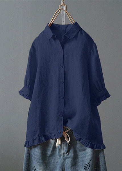 Loose White Ruffled Button Solid Cotton Shirt Summer QE032 MZF-STP240927