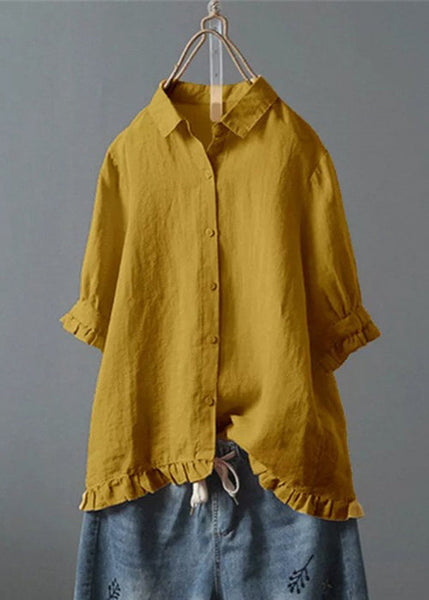 Loose White Ruffled Button Solid Cotton Shirt Summer QE032 MZF-STP240927