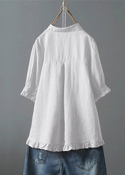 Loose White Ruffled Button Solid Cotton Shirt Summer QE032 MZF-STP240927
