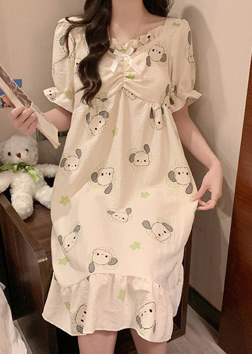 Loose White Ruffled Print Cotton Pajamas Long Dress Summer YK024 ABC