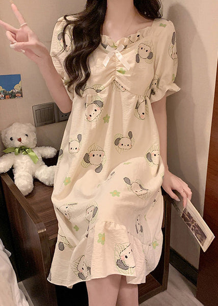 Loose White Ruffled Print Cotton Pajamas Long Dress Summer YK024 ABC