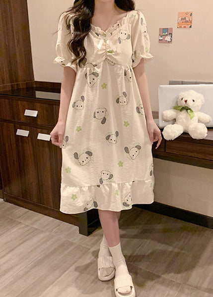 Loose White Ruffled Print Cotton Pajamas Long Dress Summer YK024 ABC