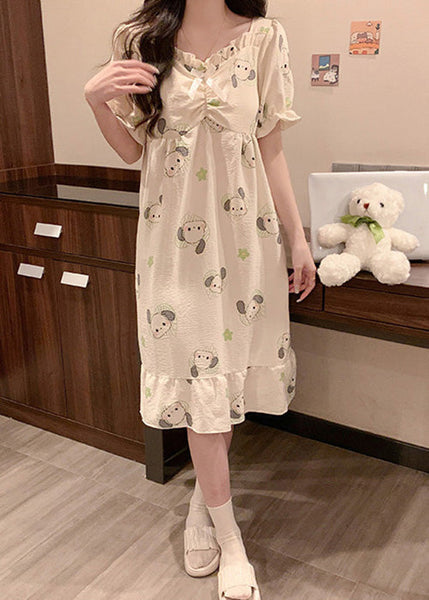 Loose White Ruffled Print Cotton Pajamas Long Dress Summer YK024 ABC