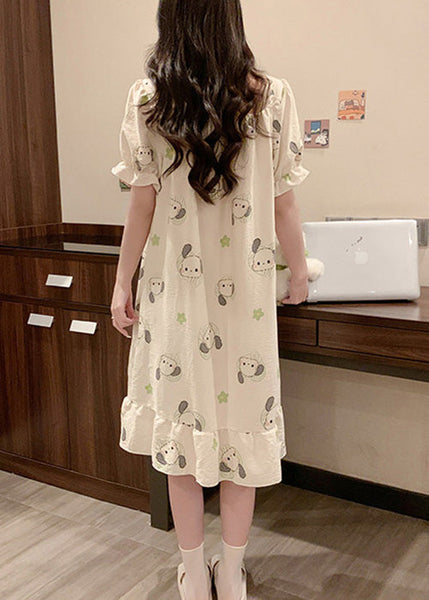 Loose White Ruffled Print Cotton Pajamas Long Dress Summer YK024 ABC