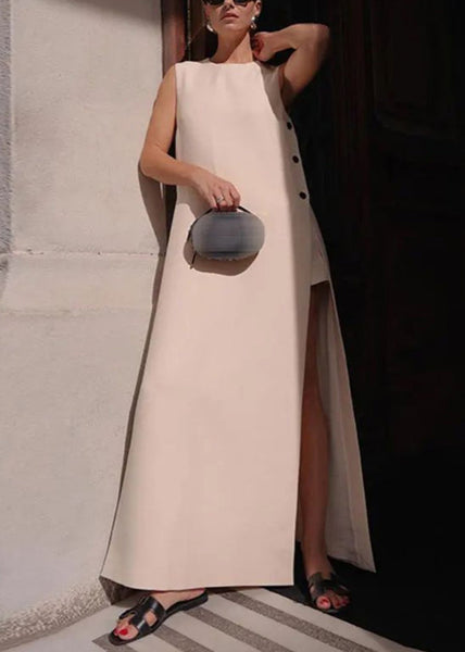Long Dresses Loose Side Solid Open Sleeveless Cotton White FashionChic